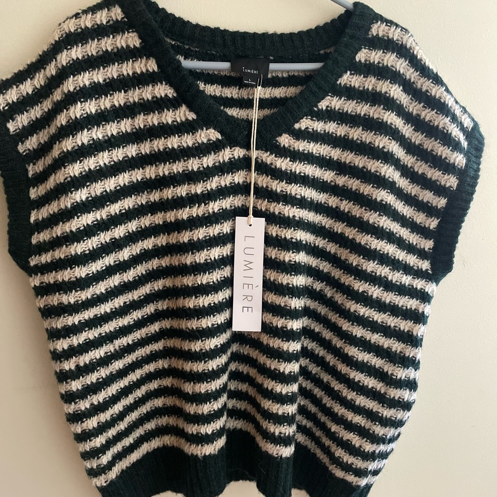 NWT Lumiere Women's Striped Sweater Vest  - Forest Green and Cream